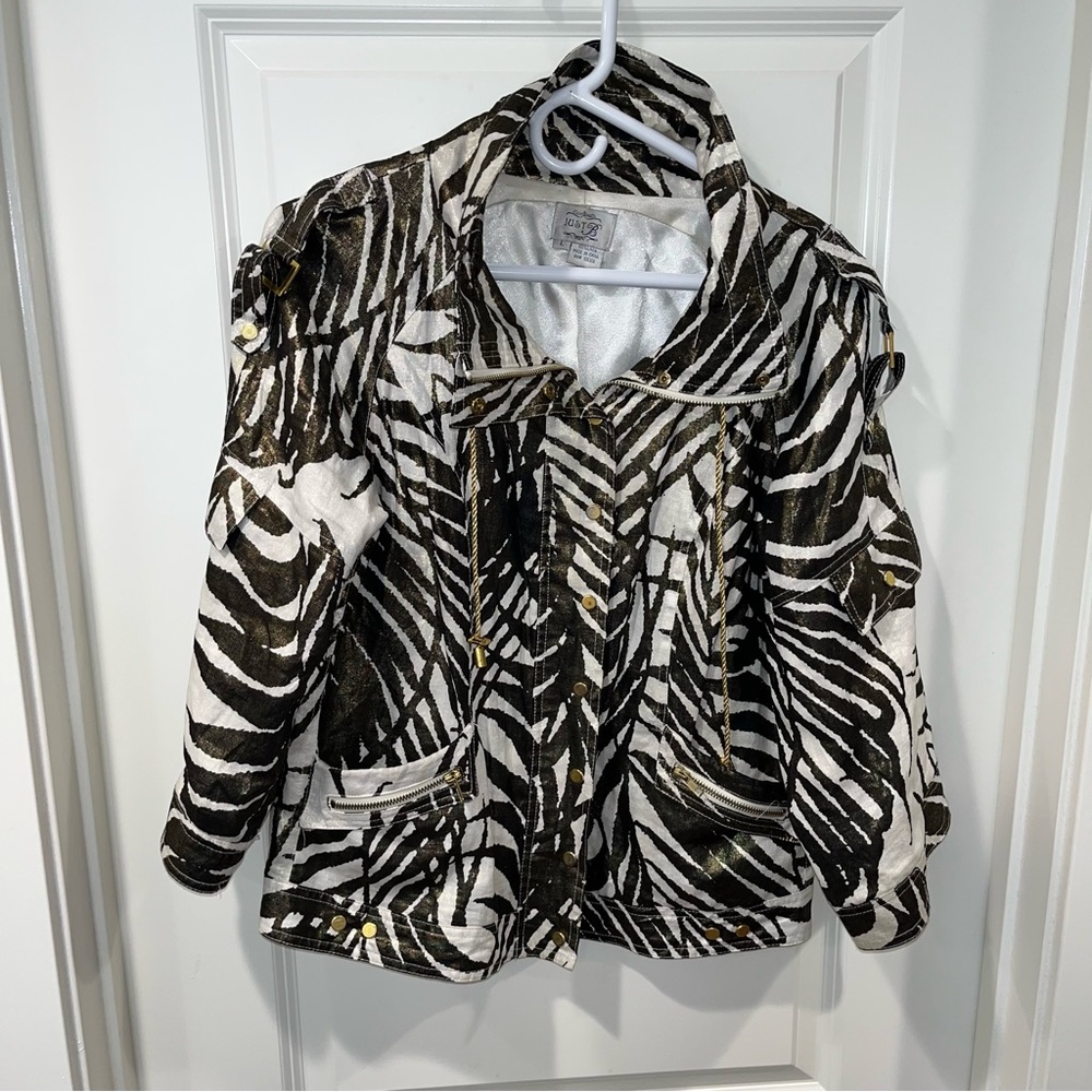 Just B Linen 3/4 Sleeve Bronze/gold Metallic Leaf Pattern Jacket Women's Size L